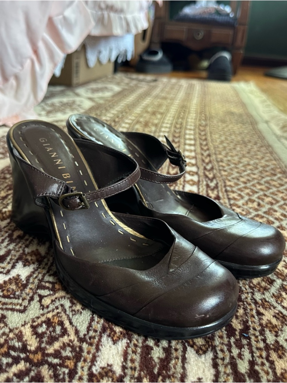 Gianni Bini Dark Brown Leather Platform Mary Jane Wedges
